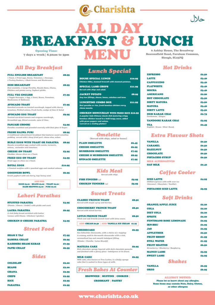 Charishta Café menu Farnham Common