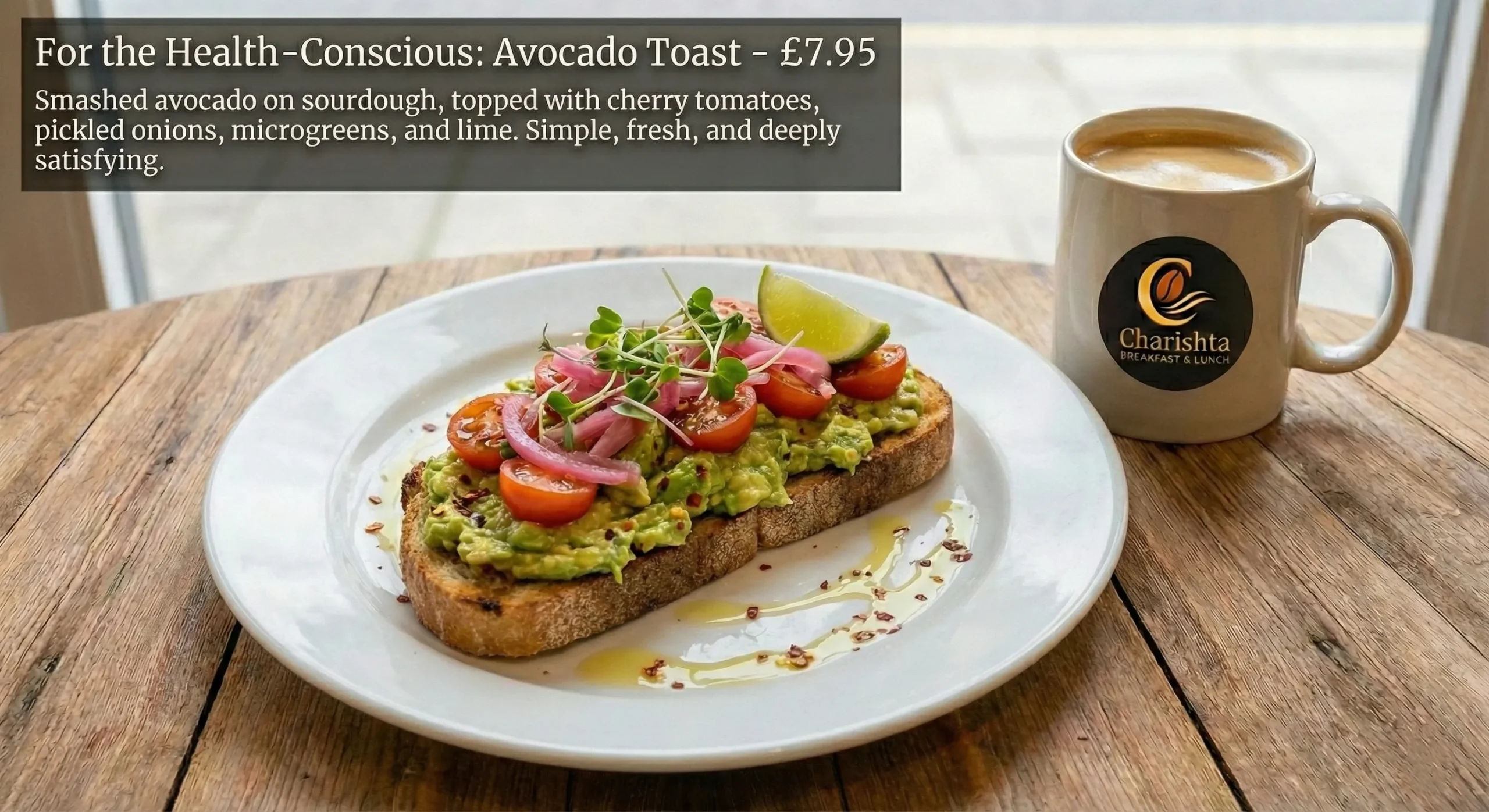 Charishta Breakfast & Lunch Slough menu spread featuring Halal Full English, Desi Breakfast with Paratha, Halwa Puri, Avocado Toast, and Tandoori Chai