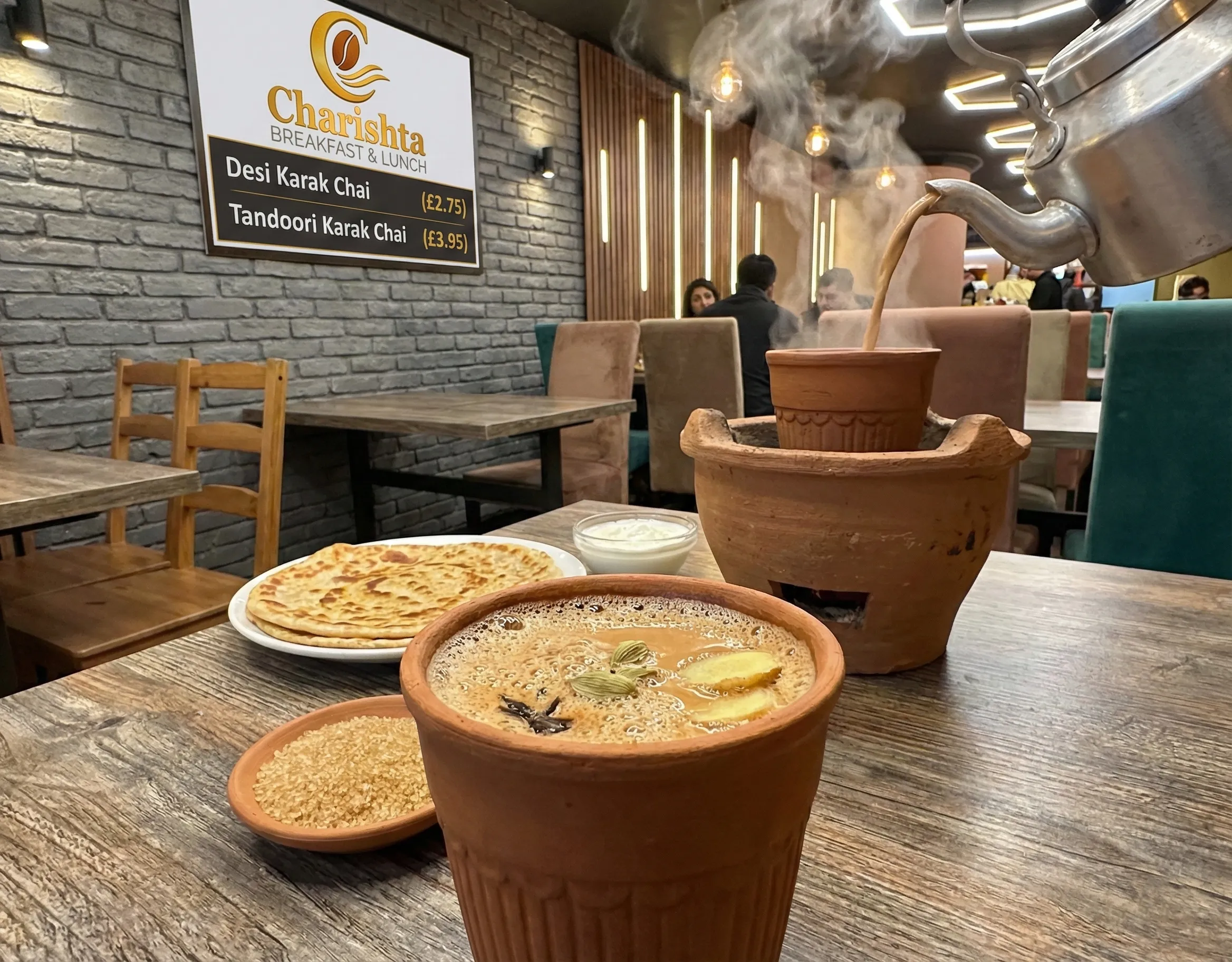 Charishta Breakfast & Lunch Slough menu spread featuring Halal Full English, Desi Breakfast with Paratha, Halwa Puri, Avocado Toast, and Tandoori Chai