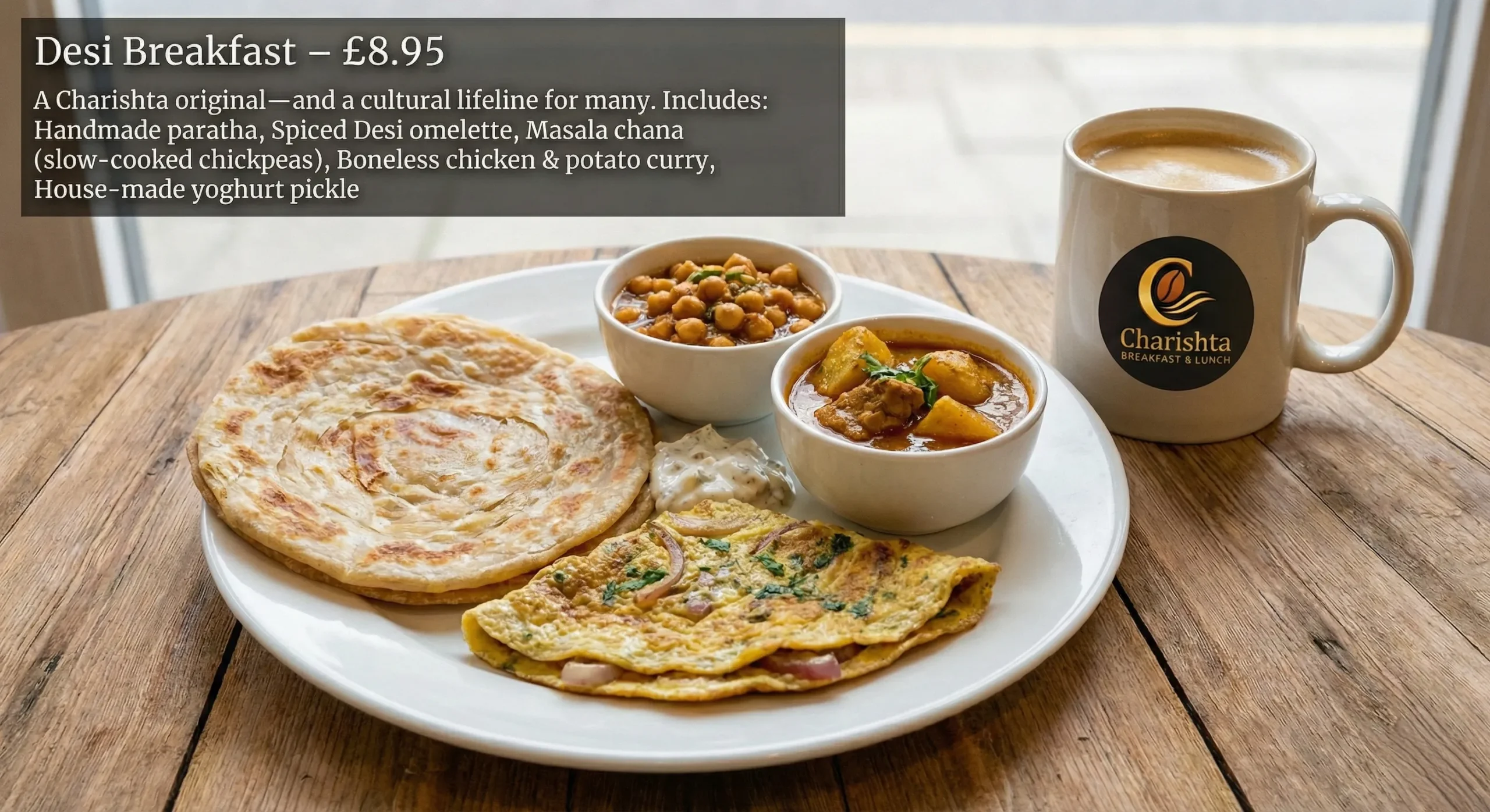 Charishta Breakfast & Lunch Slough menu spread featuring Halal Full English, Desi Breakfast with Paratha, Halwa Puri, Avocado Toast, and Tandoori Chai