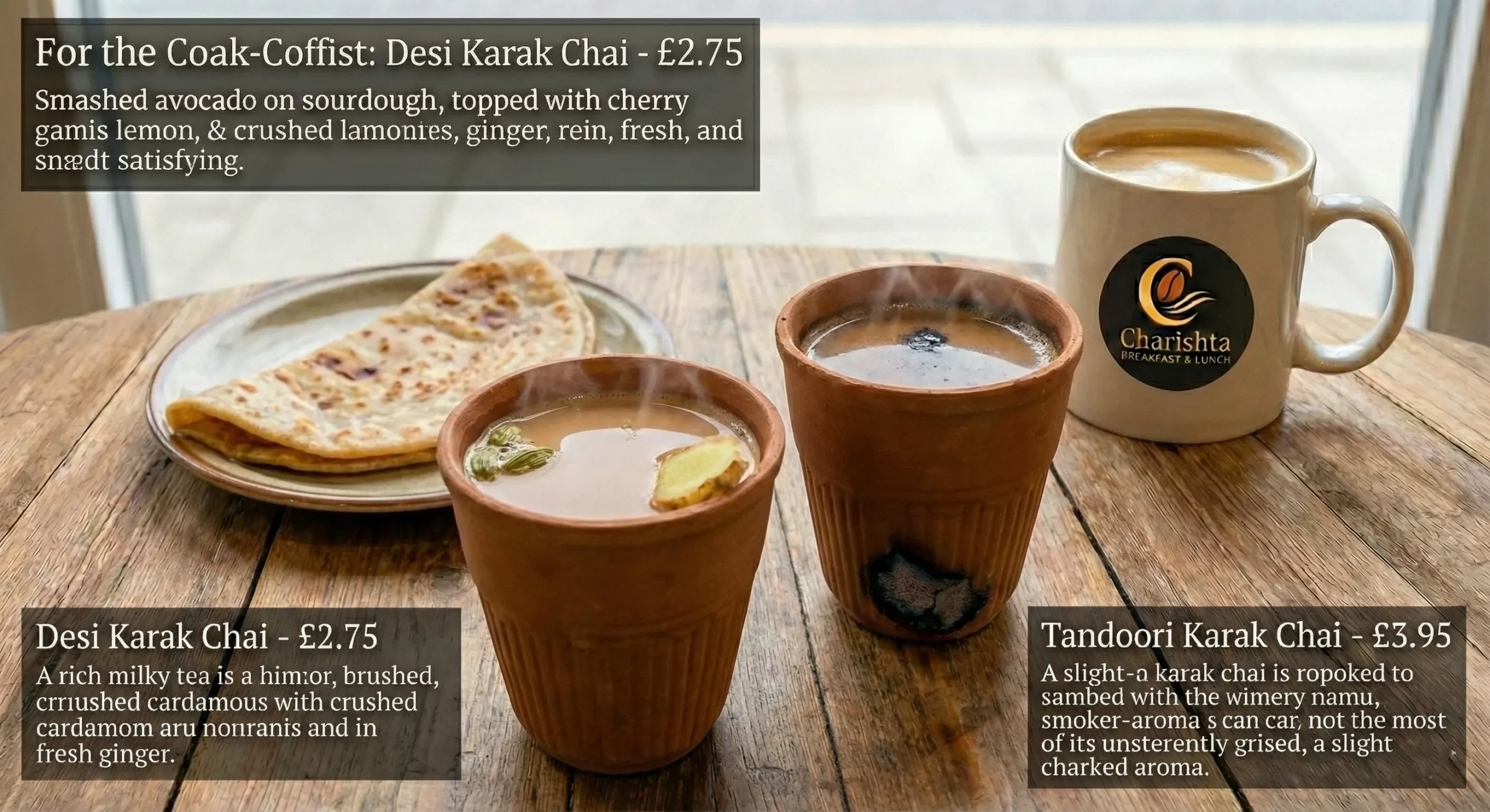 Charishta Breakfast & Lunch Slough menu spread featuring Halal Full English, Desi Breakfast with Paratha, Halwa Puri, Avocado Toast, and Tandoori Chai