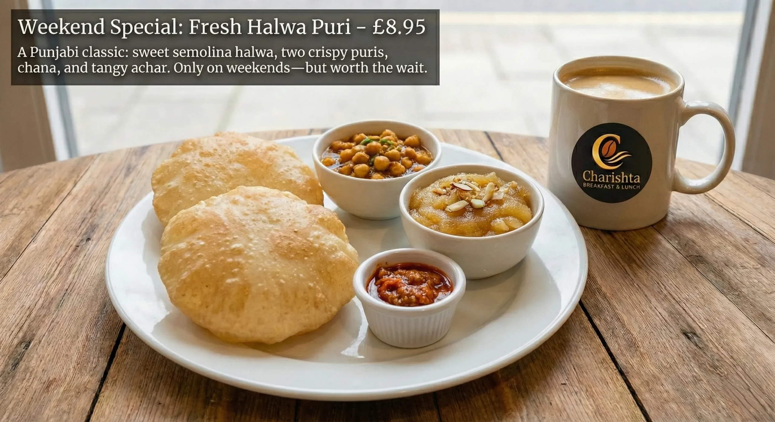 Charishta Breakfast & Lunch Slough menu spread featuring Halal Full English, Desi Breakfast with Paratha, Halwa Puri, Avocado Toast, and Tandoori Chai