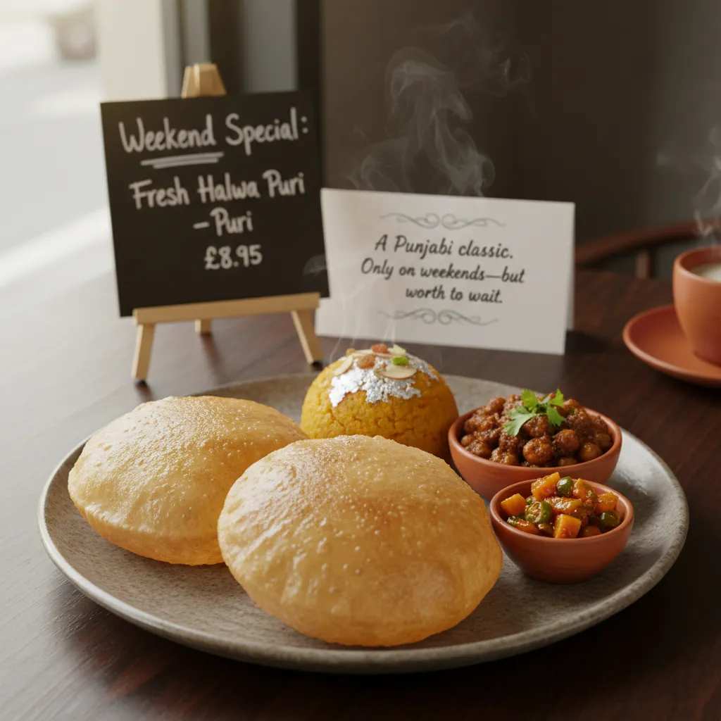 Charishta Breakfast & Lunch Slough menu spread featuring Halal Full English, Desi Breakfast with Paratha, Halwa Puri, Avocado Toast, and Tandoori Chai