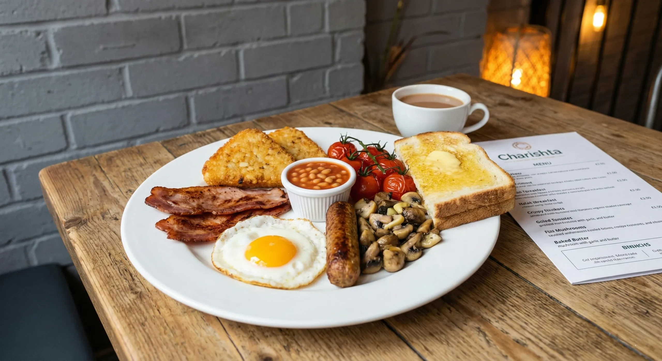 Charishta Breakfast & Lunch Slough menu spread featuring Halal Full English, Desi Breakfast with Paratha, Halwa Puri, Avocado Toast, and Tandoori Chai