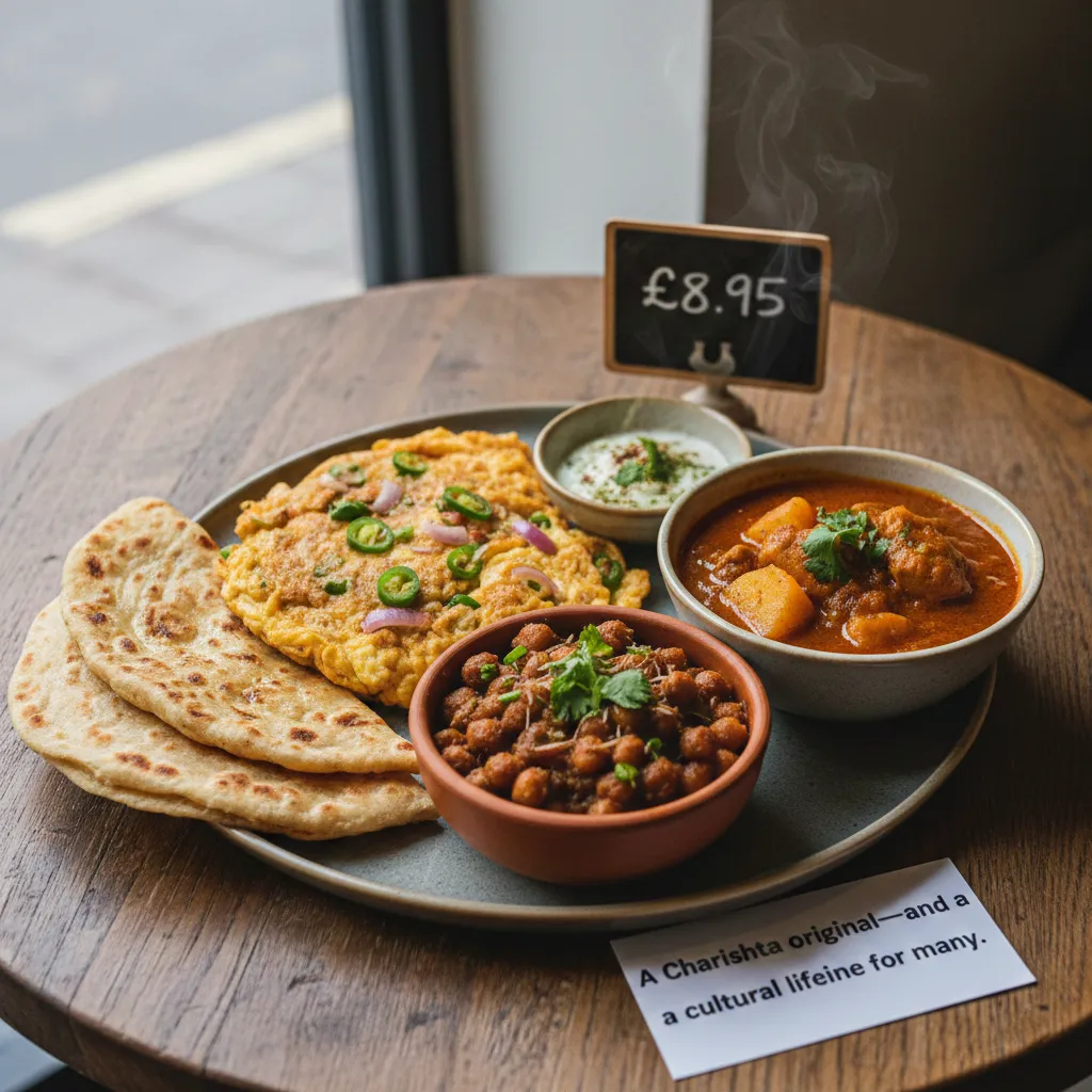 Charishta Breakfast & Lunch Slough menu spread featuring Halal Full English, Desi Breakfast with Paratha, Halwa Puri, Avocado Toast, and Tandoori Chai