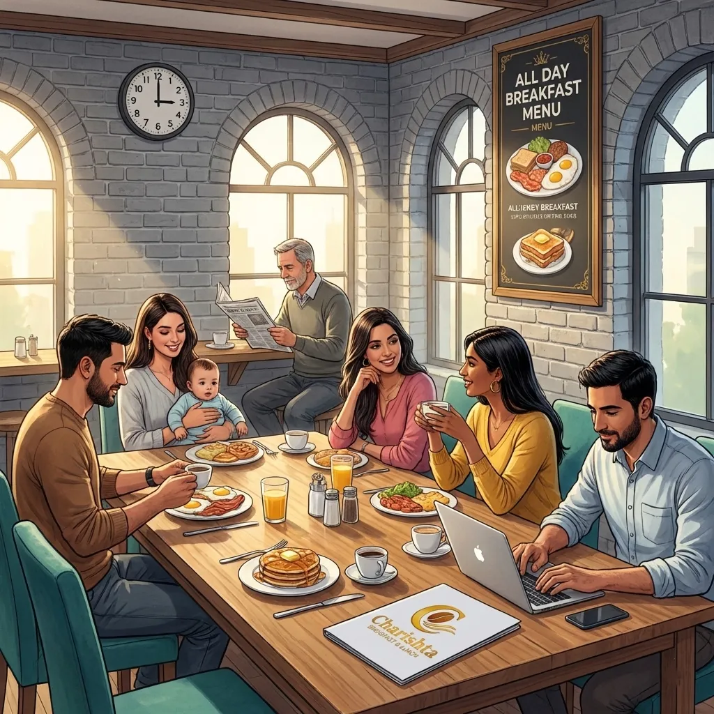 Charishta Breakfast & Lunch Slough menu spread featuring Halal Full English, Desi Breakfast with Paratha, Halwa Puri, Avocado Toast, and Tandoori Chai