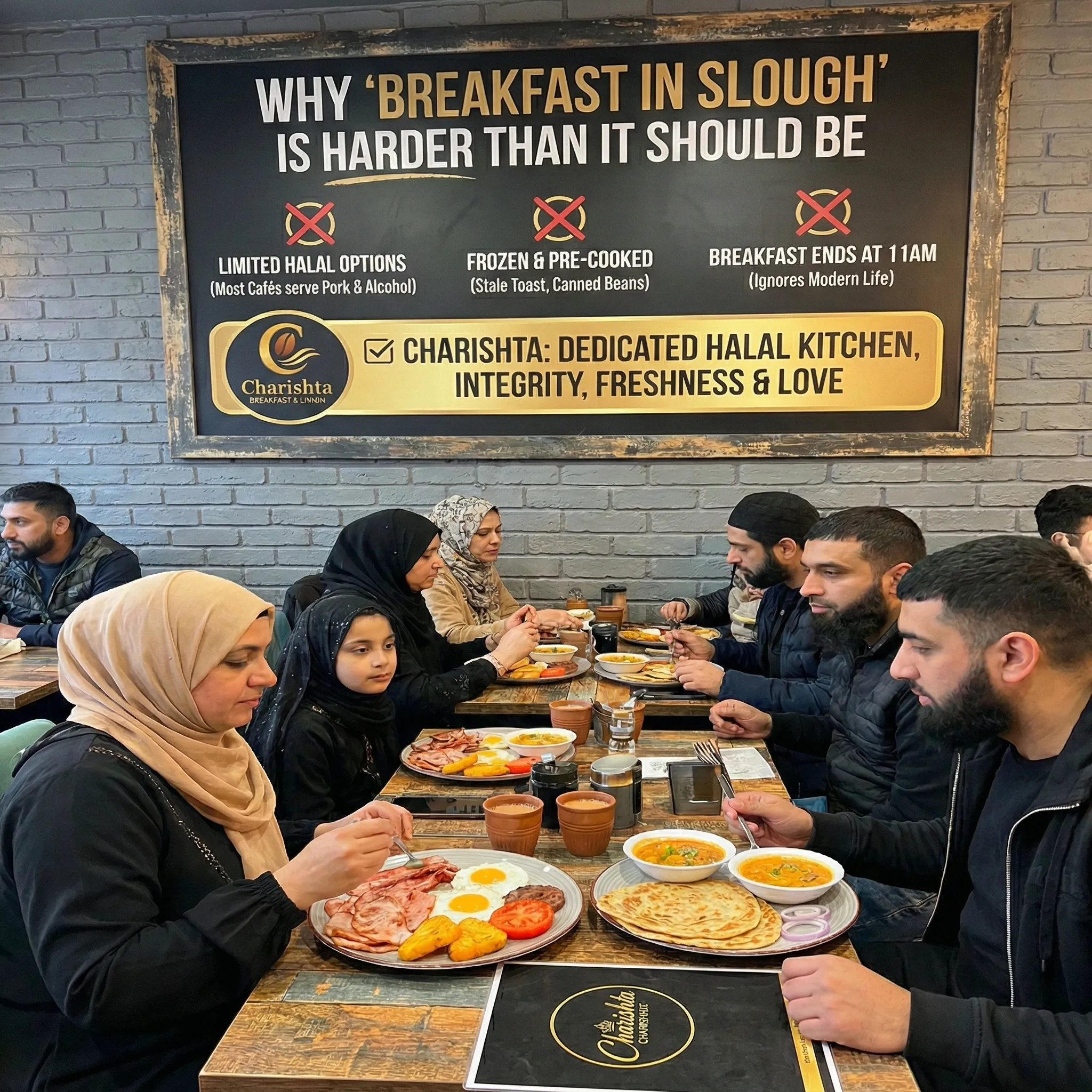 Charishta Breakfast & Lunch Slough menu spread featuring Halal Full English, Desi Breakfast with Paratha, Halwa Puri, Avocado Toast, and Tandoori Chai