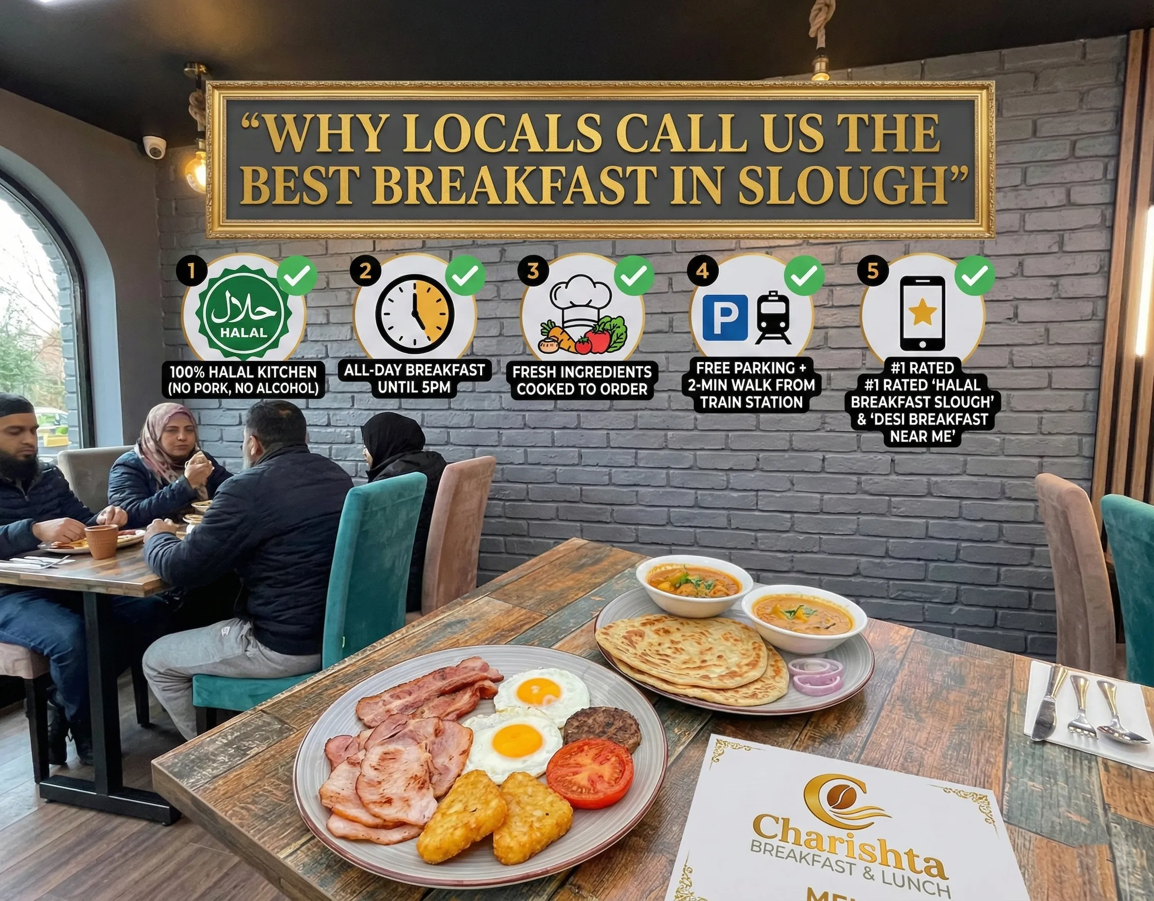 Charishta Breakfast & Lunch Slough menu spread featuring Halal Full English, Desi Breakfast with Paratha, Halwa Puri, Avocado Toast, and Tandoori Chai