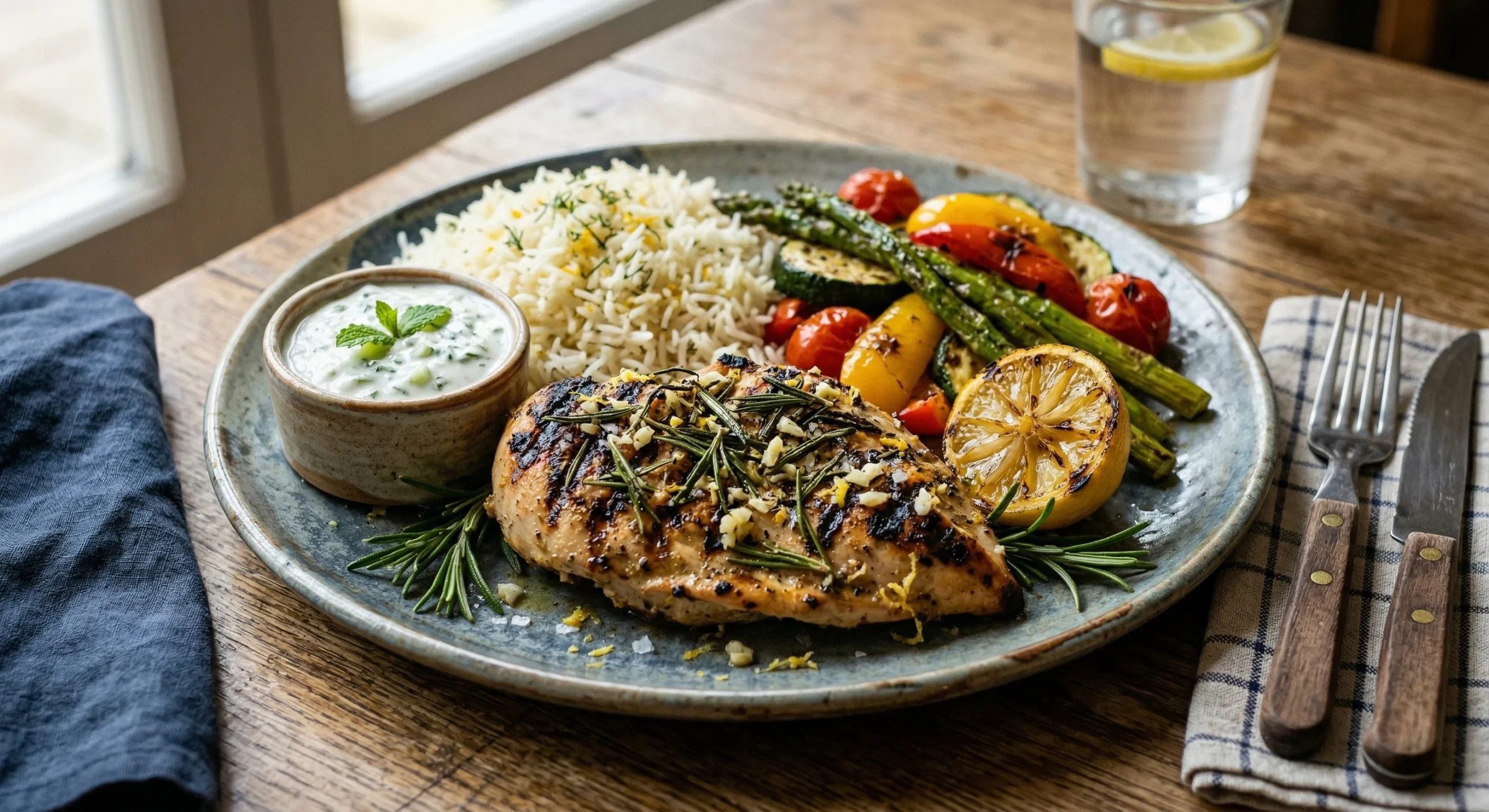 Grilled halal chicken with spring herbs and chips Slough