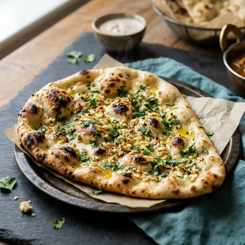 Garlic Naan – fresh halal breads dish at Charishta Café, Farnham Common, Slough