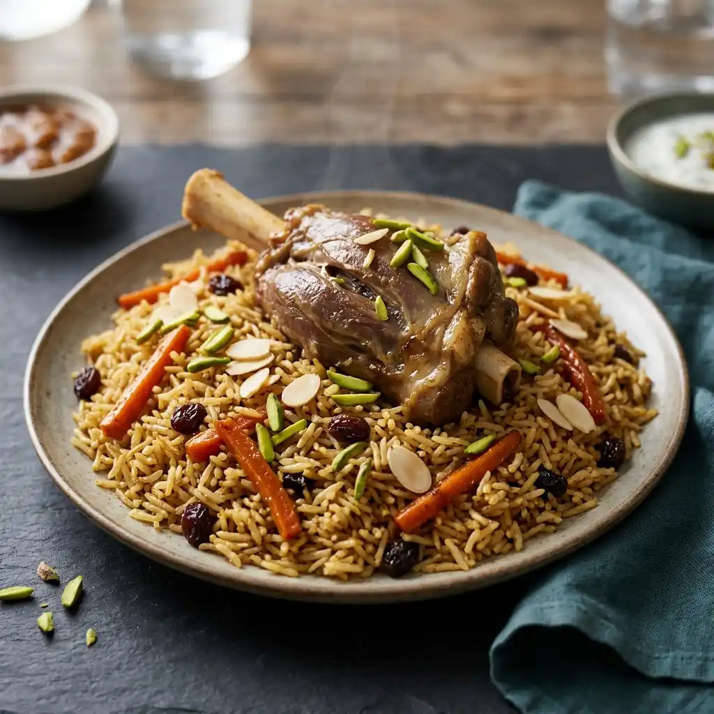 Kabuli Pulao with Lamb Shank – fresh halal biryani dish at Charishta Café, Farnham Common, Slough
