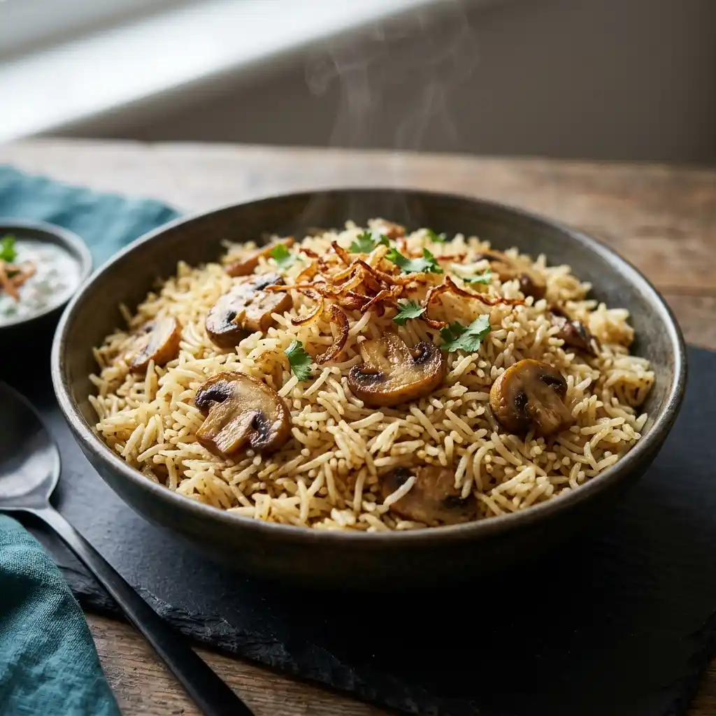 Mushroom Rice – fresh halal biryani dish at Charishta Café, Farnham Common, Slough