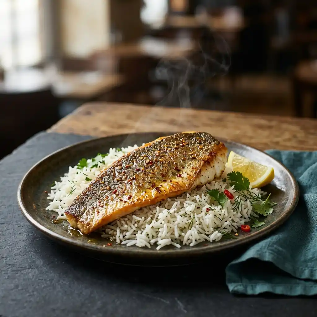 Sea Bass with Rice – fresh halal seafood dish at Charishta Café, Farnham Common, Slough