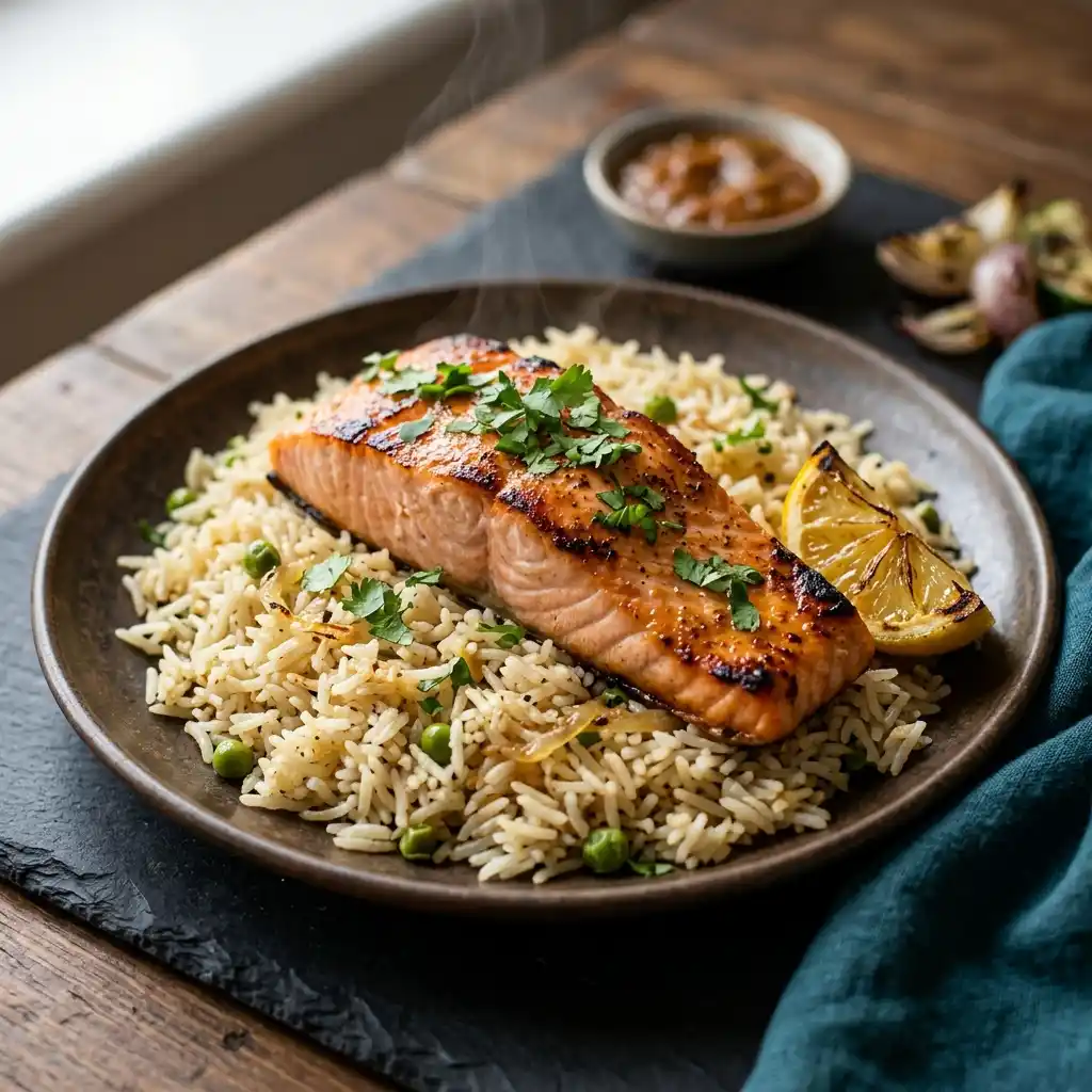 Salmon with Rice – fresh halal seafood dish at Charishta Café, Farnham Common, Slough