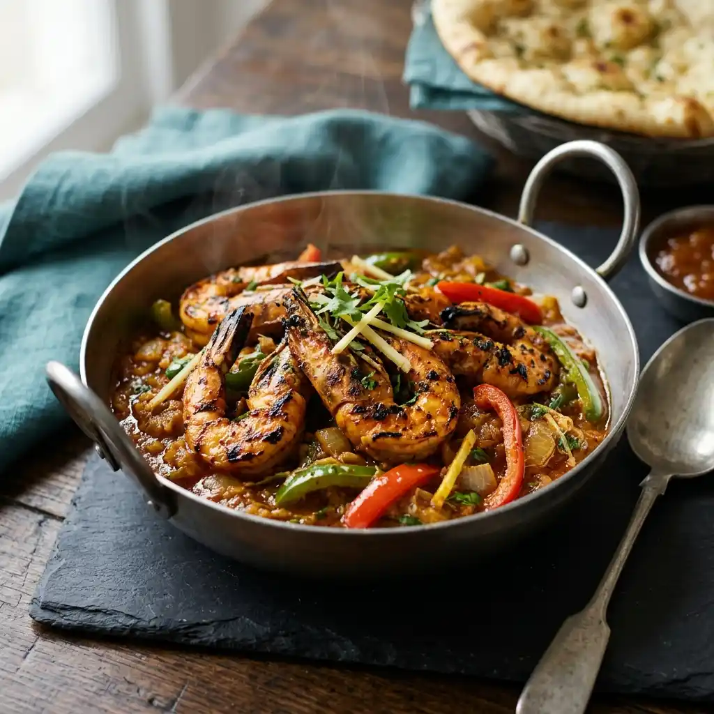 King Prawn Jalfrezi – fresh halal traditional curries dish at Charishta Café, Farnham Common, Slough