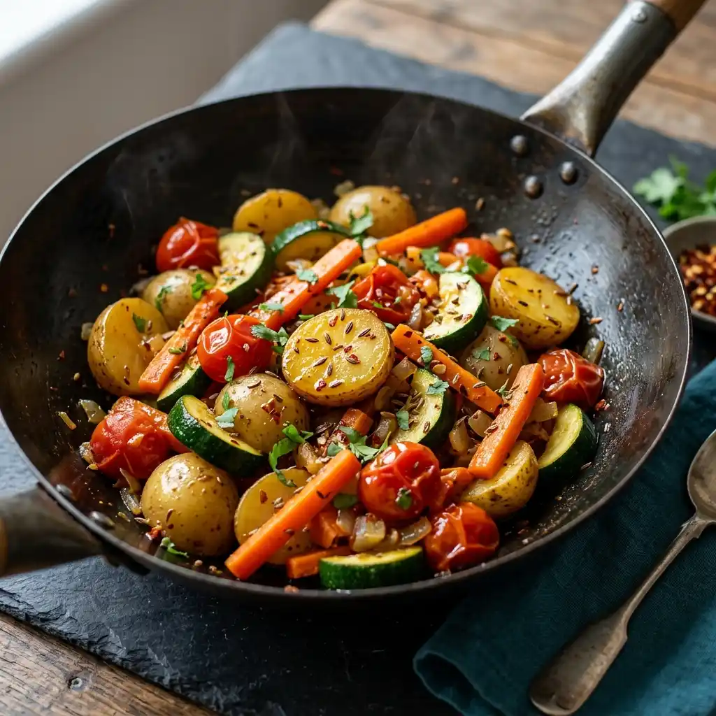Seasonal Stir Fry Green Vegetables – fresh halal vegetarian mains dish at Charishta Café, Farnham Common, Slough